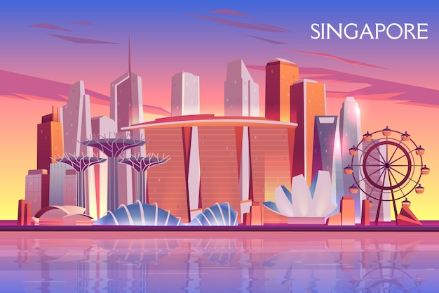 Singapur wieczór, ranek linia horyzontu z futurystycznymi drapacz chmur budynkami na miasto zatoce iluminującej Darmowych Wektorów