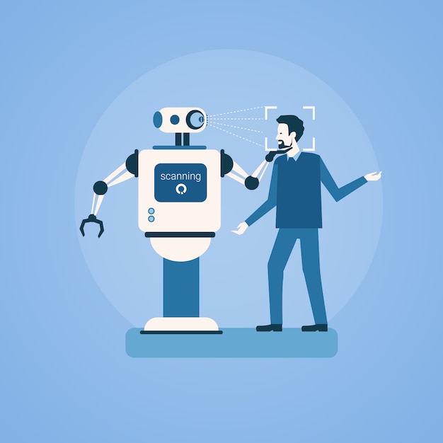 Skanowanie robota człowiek twarz identyfikacja biometryczna kontrola dostępu technologia system rozpoznawania Premium Wektorów