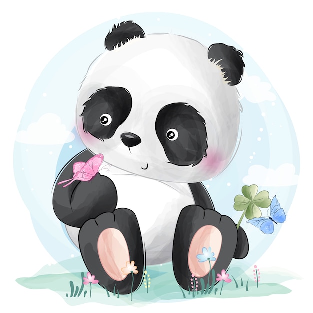 Śliczna panda i motyle Premium Wektorów