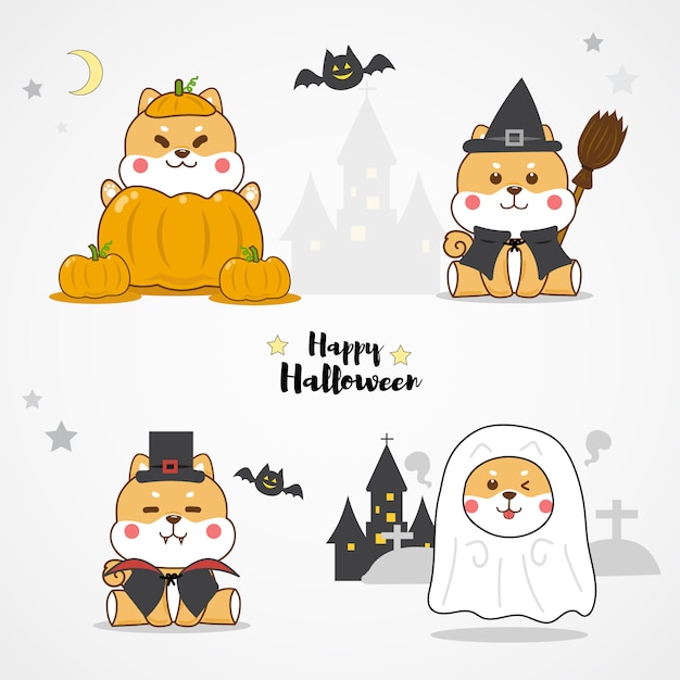 Śliczne kostiumy halloween dla psa shiba inu Premium Wektorów