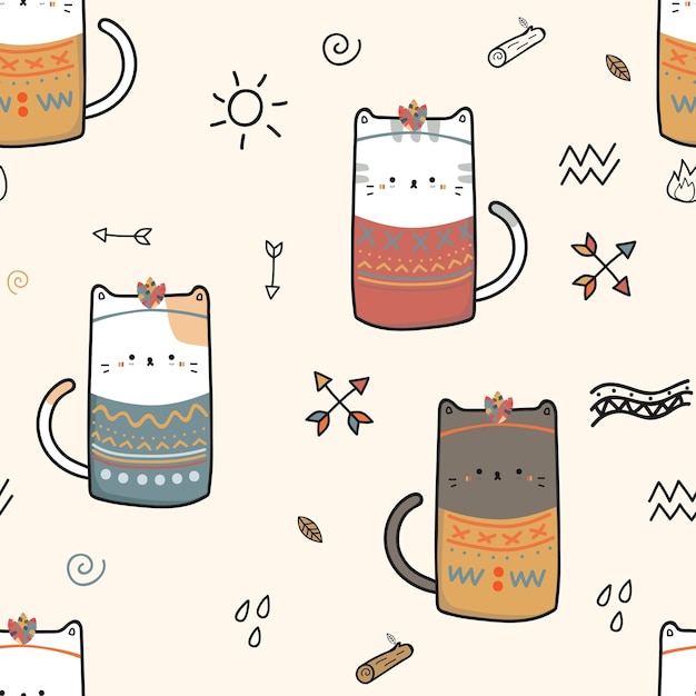 Ślicznego kota figlarki boho kreskówki plemienny doodle bezszwowy wzór Premium Wektorów