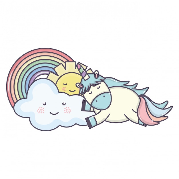 Śliczny jednorożec w tęczy z chmurami i słońcymi kawaii charakterami Darmowych Wektorów