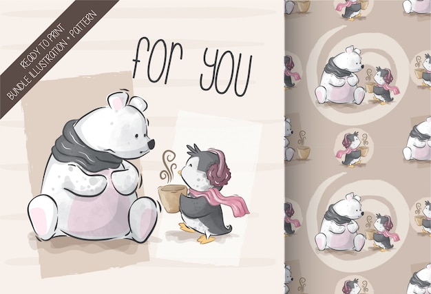 Śliczny Niedźwiedź Z Pingwin Ilustracją Z Bezszwowym Wzorem Premium Wektorów