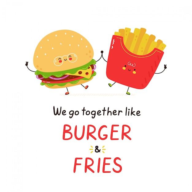 Śliczny szczęśliwy uśmiechnięty hamburger i frytki. pojedynczo na białym. wektorowego postać z kreskówki ilustracyjny projekt, prosty mieszkanie styl. idziemy razem jak karta burgera i frytek Premium Wektorów