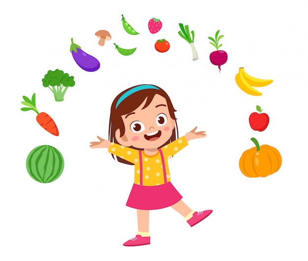 Słodkie Szczęśliwe Dziecko Z Warzywami Premium Wektorów
