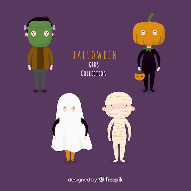 Śmieszne i słodkie halloween kostium dla dzieci zestaw z fioletowym tle Darmowych Wektorów