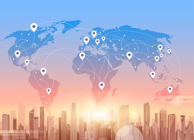 Social media communication internet połączenie sieciowe city skyscraper view world map background Premium Wektorów
