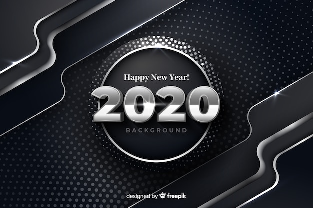 Srebrny nowy rok 2020 na metalicznym tle Darmowych Wektorów