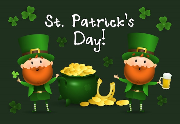 St patricks day napis z leprechauns i garnek złota Darmowych Wektorów