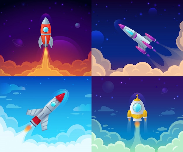Start Rakiety. Podróż Kosmiczna, Galaxy Rakieta I Biznesplanu Sukces Zaczynamy Kreskówki Ilustrację Premium Wektorów