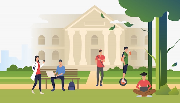 Studenci spacerujący i relaksujący się w parku kampusowym Darmowych Wektorów