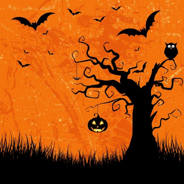 Styl grunge halloween tle z nietoperzy jack o lantern i sowy Darmowych Wektorów