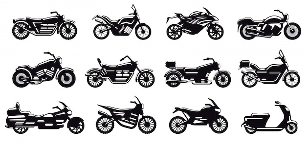 Sylwetka Pojazdu Motocykl Nowoczesny Motocykl Wyscigowy Widok Z Boku Skuter I Chopper Zestaw Ikon Ilustracji Sylwetki Motocykla Czarny Motocykl Monochromatyczny Do Dostawy Lub Motocrossu Premium Wektor