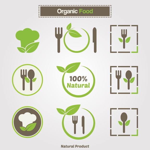 Symbole gotowania organicznego. szablon logo restauracji z jedzeniem i szef kuchni kapelusz sylwetką ikonę. zestaw kolekcji vector dla ekologicznej żywności ekologicznej żywności płaskiej. Premium Wektorów