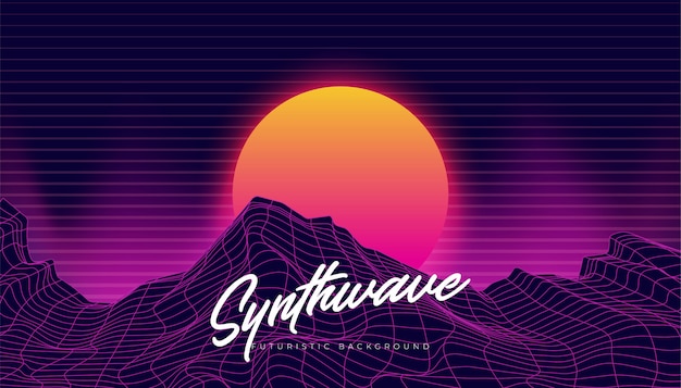 Synthwave 3d tła krajobrazu 80s ilustracja Premium Wektorów