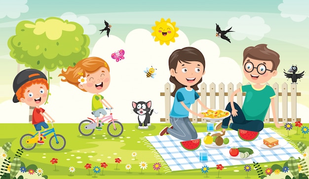 Szczęśliwa Rodzina Co Piknik W Przyrodzie | Premium Wektor