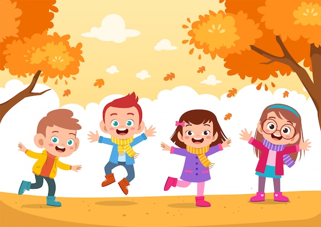 Szczęśliwe Dzieciaki Jesień | Premium Wektor
