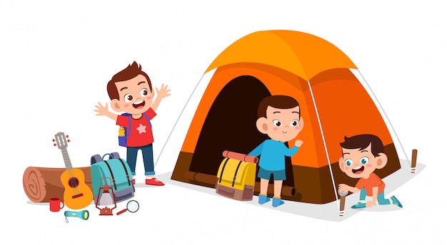 Szczęśliwe Słodkie Dzieci Na Zewnątrz Obozu Letnie Wakacje | Premium Wektor