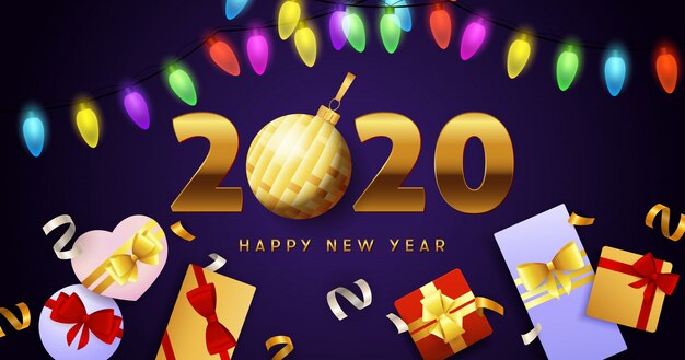Szczęśliwego nowego roku 2020, świateł girlandy i pudełka na prezenty Darmowych Wektorów