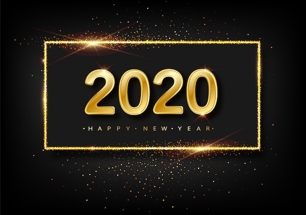 Szczęśliwego Nowego Roku Brokat Złote Fajerwerki. Złoty Błyszczący Tekst I Cyfry 2020 Z Błyszczącym Blaskiem Na świąteczną Kartkę Z życzeniami. Premium Wektorów