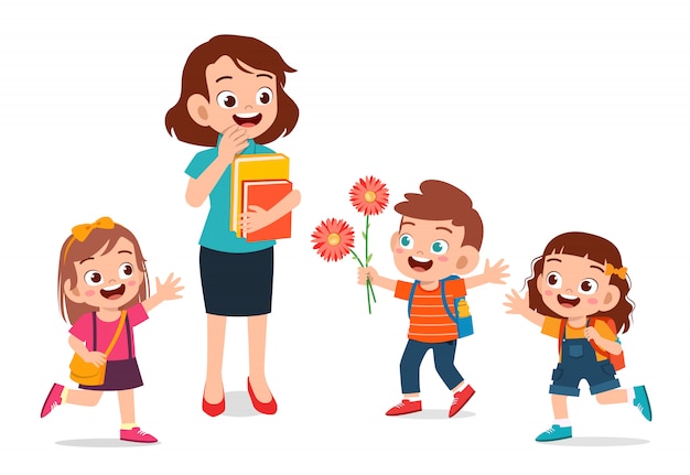 Szczęśliwy śliczny dzieciak daje kwiatu nauczyciel Premium Wektorów