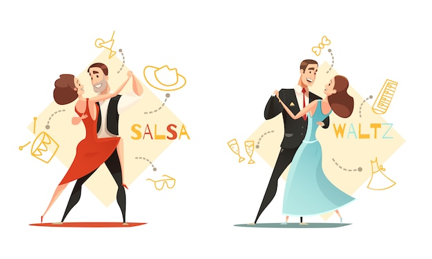 Taniec walc i salsa pary 2 szablony retro kreskówka z tradycyjną ikoną opisane akcesoria Darmowych Wektorów