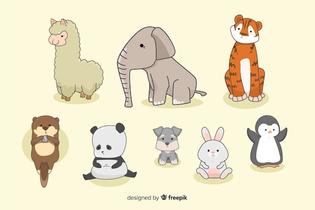 Tiny kawaii kolekcja zwierząt w ręku rysowane Darmowych Wektorów