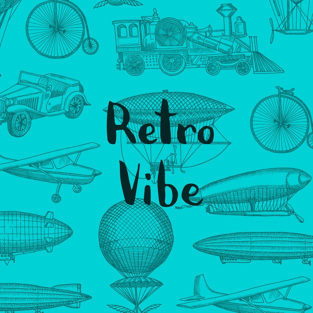Tło z steampunk ręcznie rysowane sterowce, balony powietrza, rowery i samochody z miejscem na tekst ilustracja Premium Wektorów