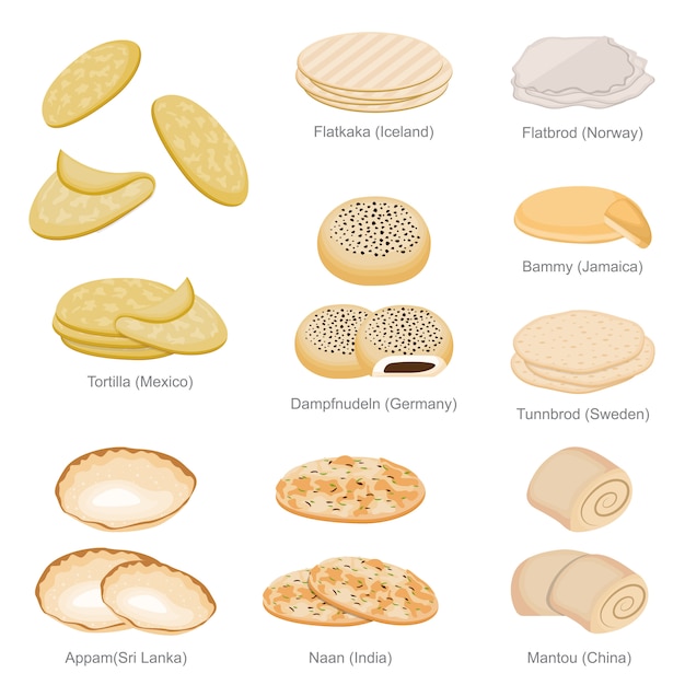 Tortilla Naan Dampfnudeln I Słynny Wyjątkowy Chleb Krajów Premium Wektorów