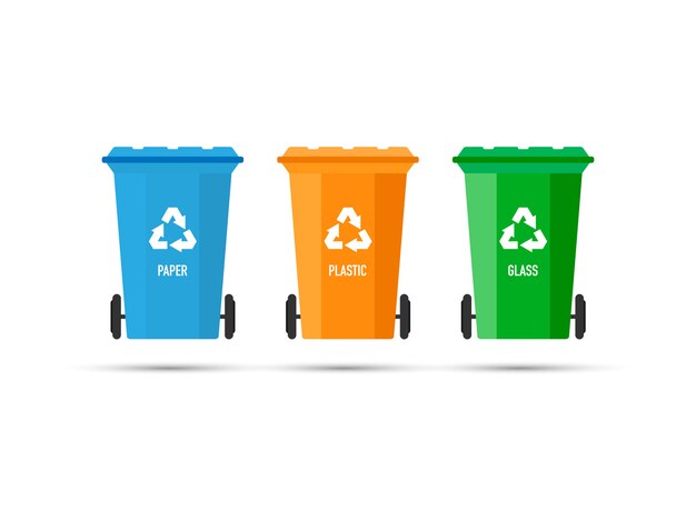 Trzy kosze na śmieci (kosze na śmieci) z izolowanym znakiem recyklingu. ilustracji wektorowych. Premium Wektorów