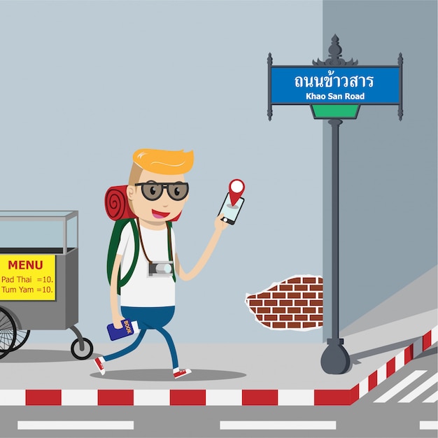 Turysta backpacker za pomocą aplikacji mapy mobilnej nawigacji na smartfonie Premium Wektorów