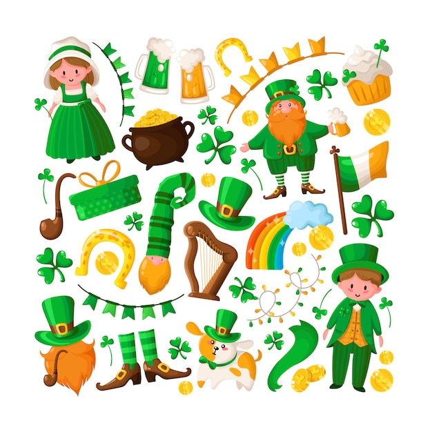 Uroczy Chłopiec I Dziewczynka W Saint Patricks Day W Zielonych Strojach Retro, Kreskówka Koniczyna, Krasnoludek, Garnek Złotych Monet, Fajka, Melonik, Piwo Premium Wektorów