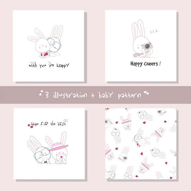 Ustaw Postać Z Kreskówki Cute Bunny. Ręcznie Rysowane Wektor Zwierzę Premium Wektorów