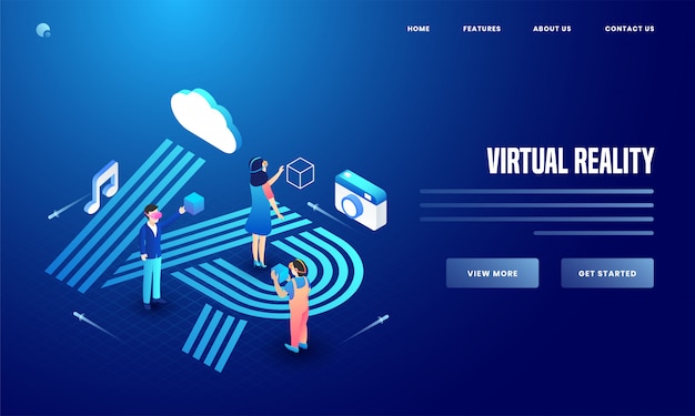 Użytkownik korzysta z mediów społecznościowych i narzędzi analitycznych notatek z aparatu, chmury i muzyki do projektowania strony docelowej witryny virtual reality. Premium Wektorów