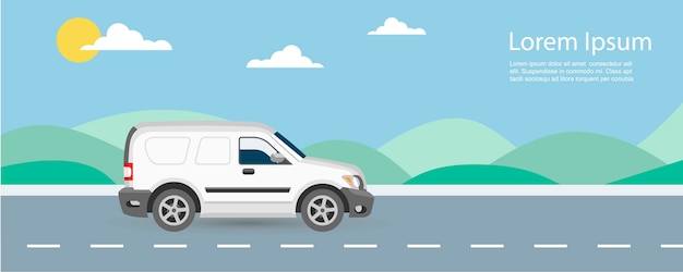 Van samochód bezpłatna i szybka dostawa ilustracja z szablonu tekstu. van jedzie na autostradzie z niebieskim niebem i zielonymi wzgórzami. Premium Wektorów