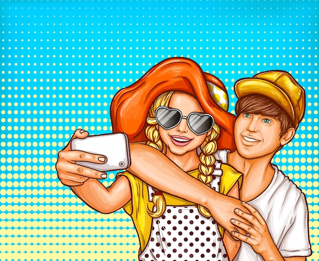 Vector Pop Sztuki Ilustracji Młoda Dziewczyna I Chłopiec Co Selfies Na