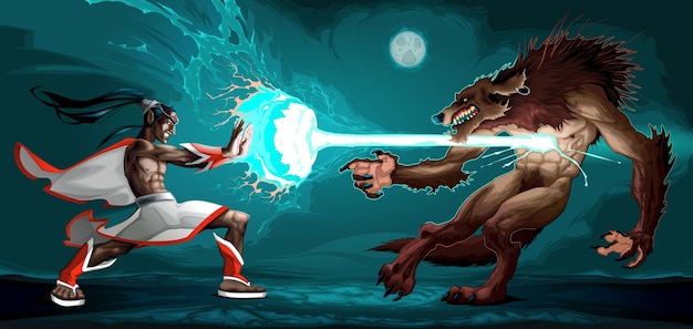 Walka sceny między elf i wilkołak fantasy ilustracji wektorowych Darmowych Wektorów