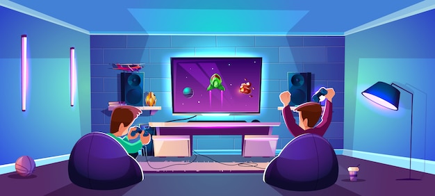 Wektorowy pokój gier z ludźmi bawić się cyfrową rozrywkę, nowożytny esports pojęcie Darmowych Wektorów
