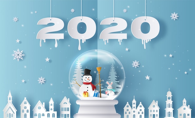Wesołych świąt i szczęśliwego nowego roku 2020 z śnieżną kulą ziemską i wioską, kartą okolicznościową i zaproszeniową. Premium Wektorów