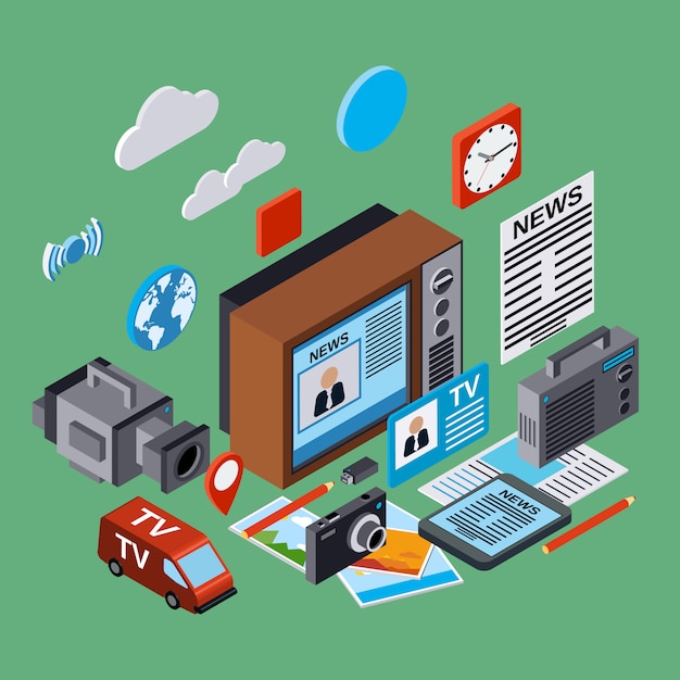 Wiadomości, informacje, nadawanie, dziennikarstwo, środki masowego przekazu płaskie 3d izometryczny ilustracja. koncepcja nowoczesnej sieci web infographic Premium Wektorów