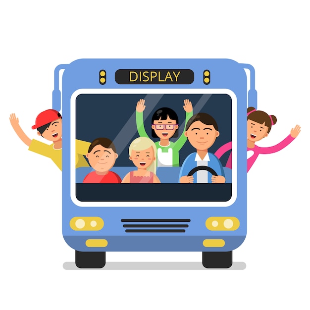 Widok z przodu autobusu szkolnego z zestawem szczęśliwych dzieci i kierowcy Premium Wektorów