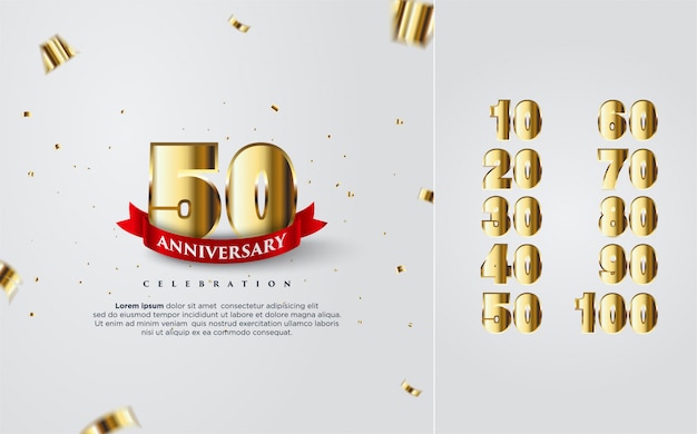Wszystkiego Najlepszego Z Okazji Rocznicy W Złocie Z Kilkoma Liczbami Od 10 Do 100. Premium Wektorów