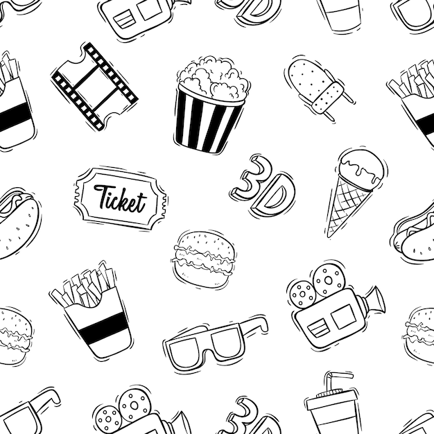 Wzór ikon kina z doodle stylu Premium Wektorów