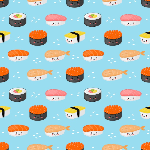 Wzór kawaii sushi i sashimi na niebiesko Premium Wektorów