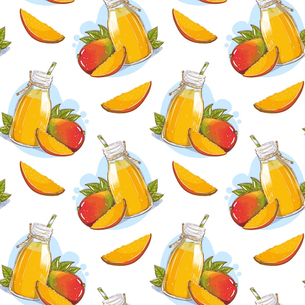 Wzór z sokiem z mango w szklanej butelce z owocami słomy i mango Premium Wektorów
