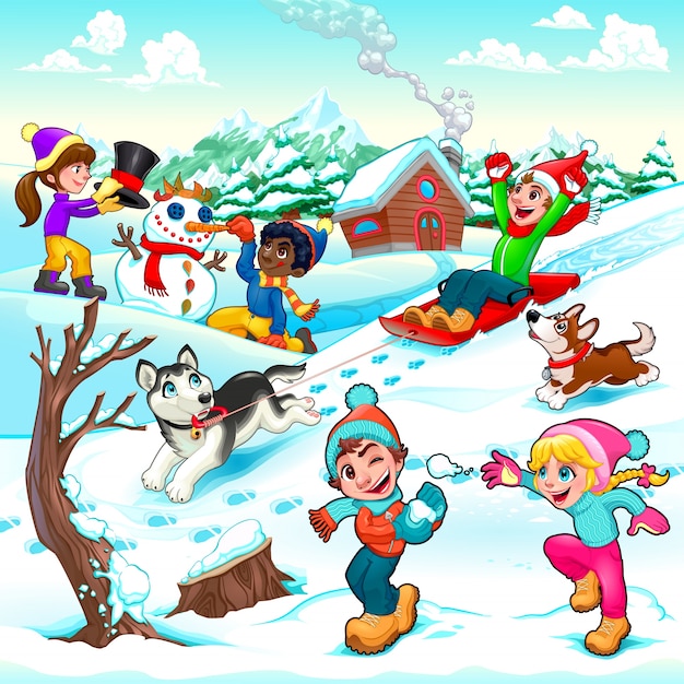 Zabawny zima sceny z dzieÄmi i psami animowanych ilustracji wektorowych Darmowych WektorÃ³w