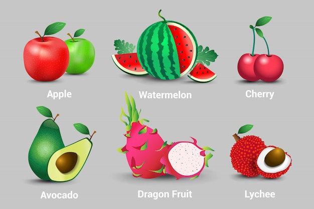 Zbiór Realistycznych świeżych Organicznych Owoców Wegetariańskich. Jabłka, Arbuzy, Wiśnie, Awokado, Owoce, Smoki I Liczi Premium Wektorów