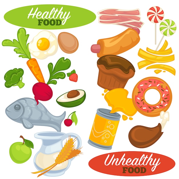 Zdrowe I Niezdrowe Jedzenie. | Premium Wektor
