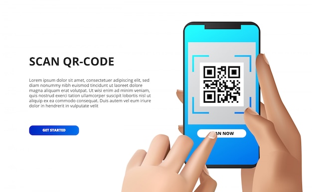 Zeskanuj kod qr z telefonu komórkowego. ręka trzyma smartfona z przyciskiem dotykowym. w przypadku płatności mobilnych pobierz aplikację, Premium Wektorów