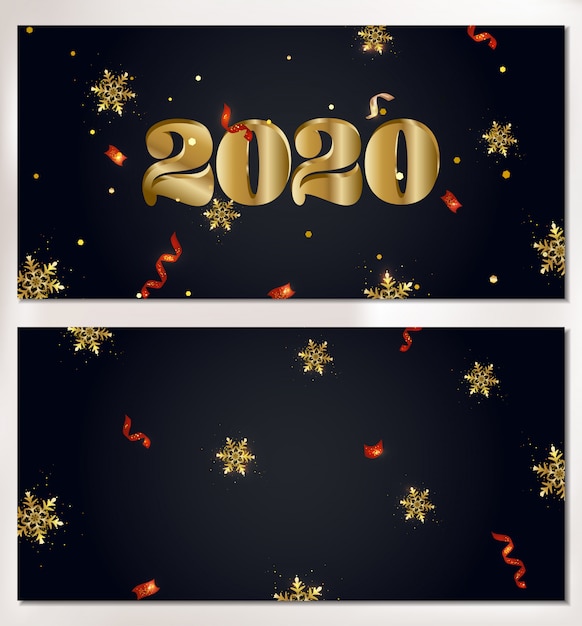 Zestaw 2020 szczęśliwego nowego roku płatki śniegu transparent, błyszczy, światła, konfetti. Premium Wektorów